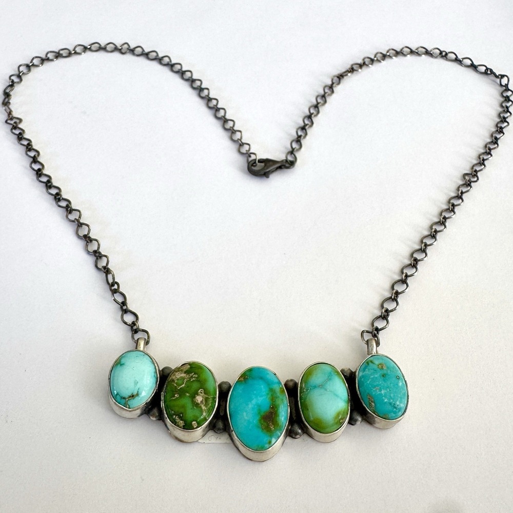 Navajo Bar Necklace Sonoran Turquoise 20" Sterling Choker Signed A‎ Mart - Picture 2 of 7